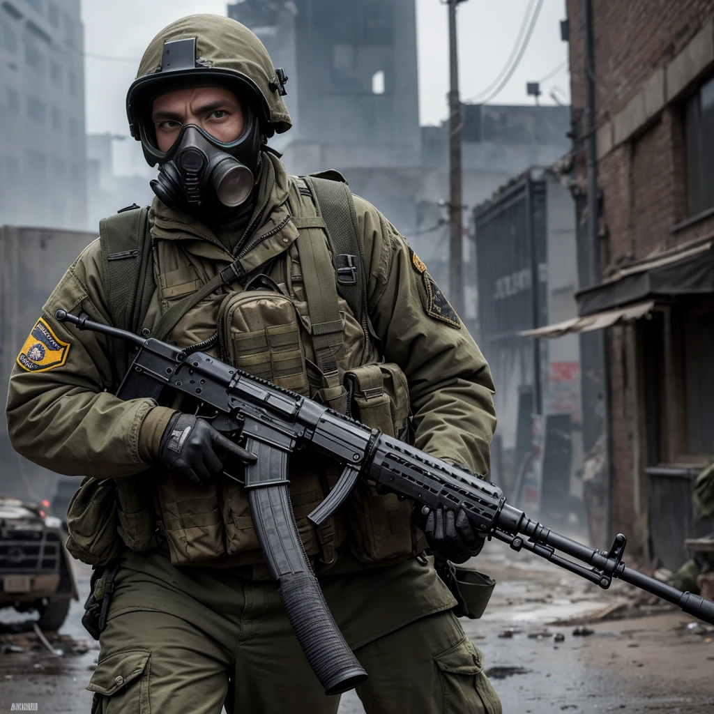 stalker, filthy, ragged, in a gas mask, in the right hand an AK-47 assault rifle, artifact in left hand, in military equipment, super high quality, Realism