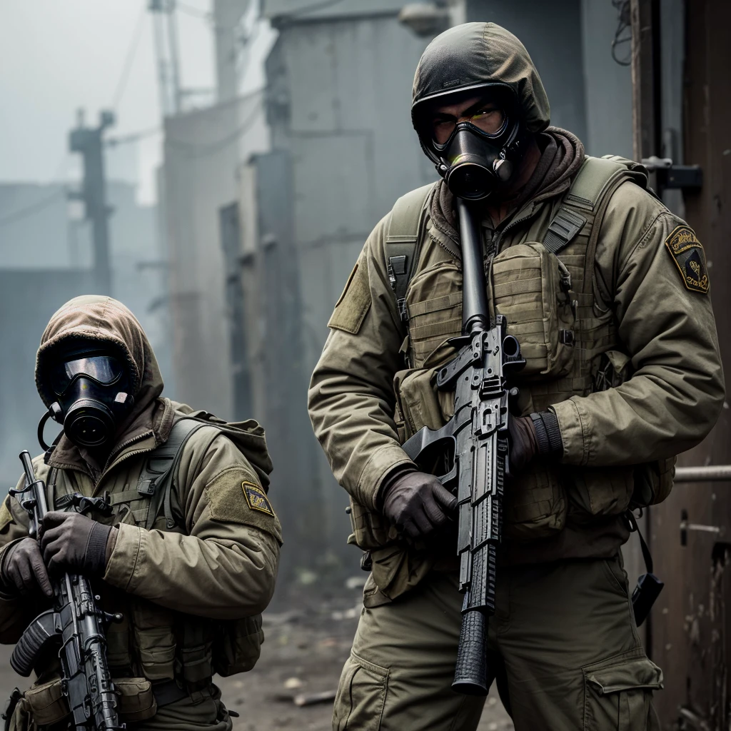 stalker, filthy, ragged, in a gas mask, in the right hand an AK-47 assault rifle, artifact in left hand, in military equipment, super high quality, Realism