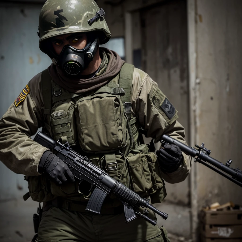 stalker, filthy, ragged, in a gas mask, in the right hand an AK-47 assault rifle, artifact in left hand, in military equipment, super high quality, Realism