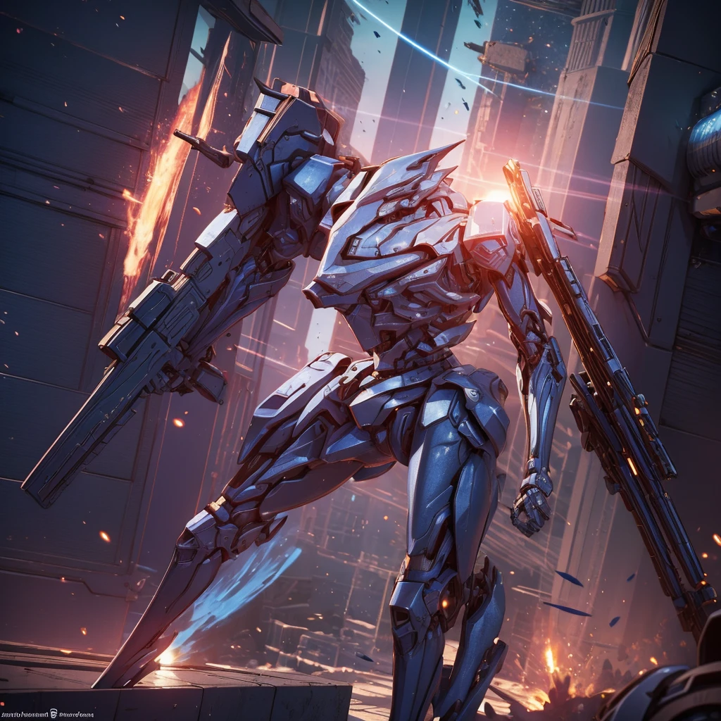 (Obra de arte, melhor qualidade:1.5).Mech branco e azul com detalhes dourados, médio, segurando uma sniper azul grande. Extremely detaild, 8K, HDR, naturallight, cinematic lighting, masterpiece-anatomy-perfect, Ultra HD, (Space Combat:1.5, Battlefield:1.5), RAW photo, metallic, professional, ultra-fine painting, perfect body proportions, anatomically correct, uhd, real texture material, Anti-Aliasing, FKAA, TXAA, SSAO, Post Processing, Post Production, Tone Mapping, CGI, VFX, SFX, Hyper maximalist, Volumetric, ultra photorealultra-detailed intricate details.