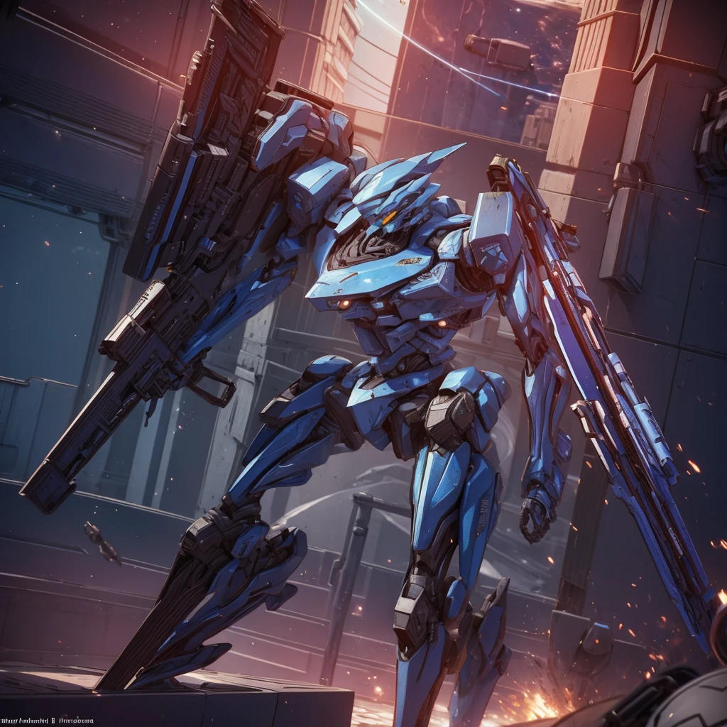 (Obra de arte, melhor qualidade:1.5).Mech branco e azul com detalhes dourados, médio, segurando uma sniper azul grande. Extremely detaild, 8K, HDR, naturallight, cinematic lighting, masterpiece-anatomy-perfect, Ultra HD, (Space Combat:1.5, Battlefield:1.5), RAW photo, metallic, professional, ultra-fine painting, perfect body proportions, anatomically correct, uhd, real texture material, Anti-Aliasing, FKAA, TXAA, SSAO, Post Processing, Post Production, Tone Mapping, CGI, VFX, SFX, Hyper maximalist, Volumetric, ultra photorealultra-detailed intricate details.