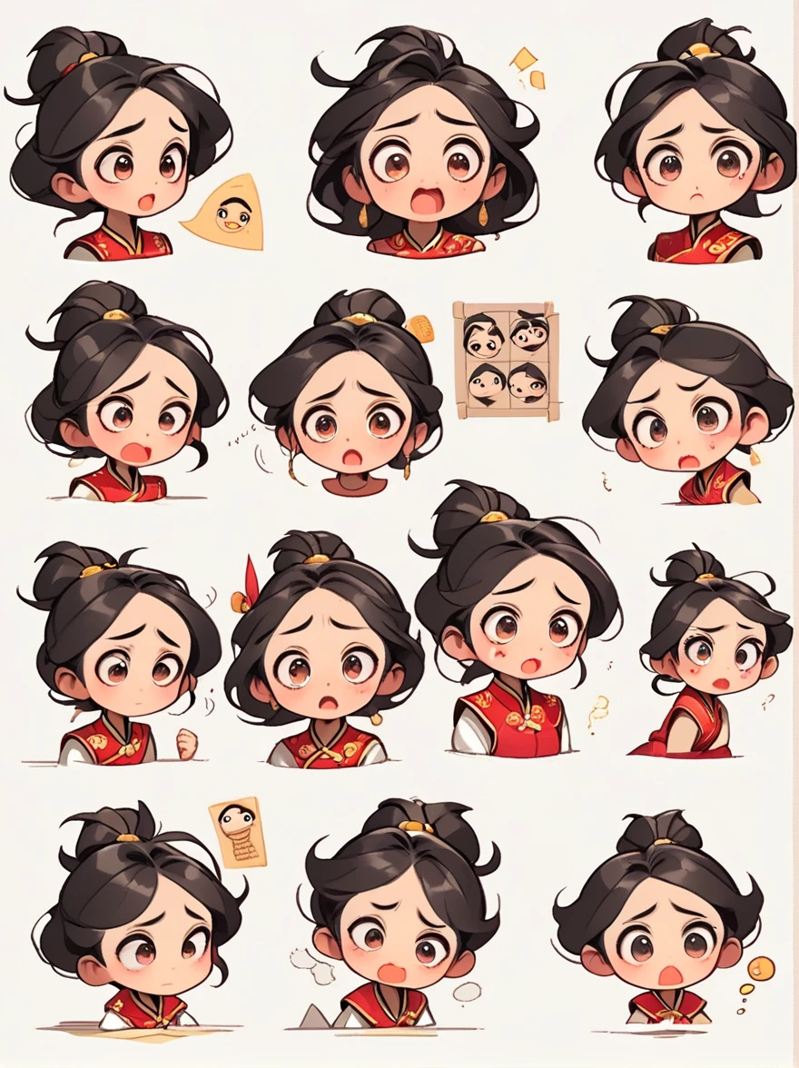 Cute and humorous Q version Chinese girl，big eyes，bust，sticker，6 different facial expressions，expression board，Various poses and expressions，Anthropomorphic style，Ancient and classic style，Showing a variety of emotions，Cartoon illustration，Vector illustration, (Nine Palace Grid Layout: 1.5)，(White background:1.5)，Clear outline，Perfect details，Clear boundaries，No crossover