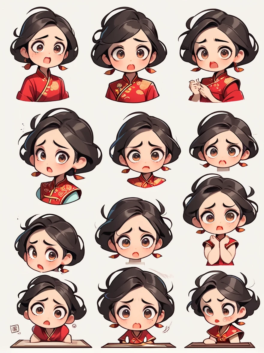 Cute and humorous Q version Chinese girl，big eyes，bust，sticker，6 different facial expressions，expression board，Various poses and expressions，Anthropomorphic style，Ancient and classic style，Showing a variety of emotions，Cartoon illustration，Vector illustration, (Nine Palace Grid Layout: 1.5)，(White background:1.5)，Clear outline，Perfect details，Clear boundaries，No crossover