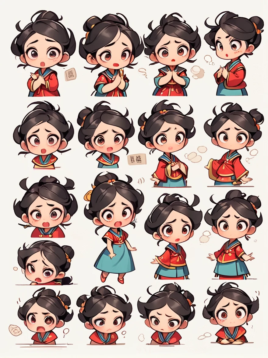 Cute and humorous Q version Chinese girl，big eyes，bust，sticker，6 different facial expressions，expression board，Various poses and expressions，Anthropomorphic style，Ancient and classic style，Showing a variety of emotions，Cartoon illustration，Vector illustration, (Nine Palace Grid Layout: 1.5)，(White background:1.5)，Clear outline，Perfect details，Clear boundaries，No crossover