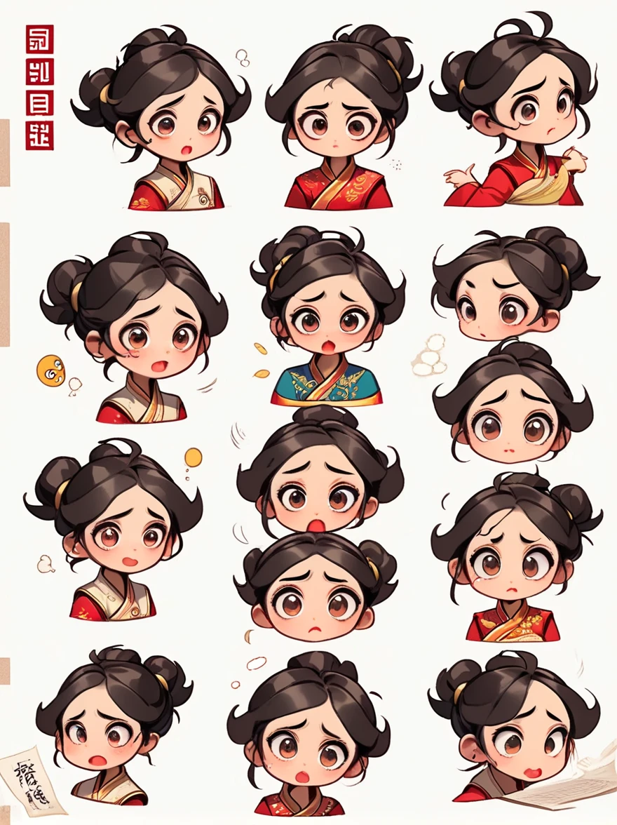 Cute and humorous Q version Chinese girl，big eyes，bust，sticker，6 different facial expressions，expression board，Various poses and expressions，Anthropomorphic style，Ancient and classic style，Showing a variety of emotions，Cartoon illustration，Vector illustration, (Nine Palace Grid Layout: 1.5)，(White background:1.5)，Clear outline，Perfect details，Clear boundaries，No crossover