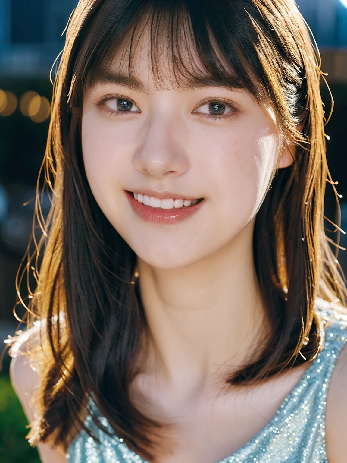 1girl,(wearing a blue glittery evening dress:1.2),(RAW photo, best quality), (realistic, photo-realistic:1.4), masterpiece, an extremely delicate and beautiful, extremely detailed, 2k wallpaper, Amazing, finely detail, extremely detailed CG unity 8k wallpaper, ultra-detailed, highres, soft light, beautiful detailed girl, extremely detailed eyes and face, beautiful detailed nose, beautiful detailed eyes,cinematic lighting,city lights at night,perfect ???????,slender body,light smile,close up,(long hair with bangs)