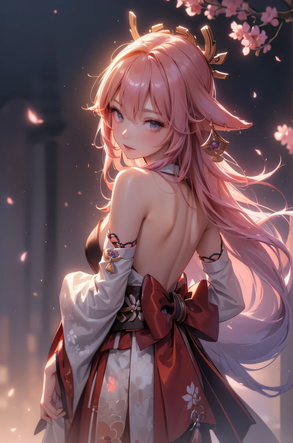 ((yaemikodef)):1.5, ((masterpiece,Highest quality,Highly detailed images,Beautiful images、Dutch Angle)), (In front of the cherry tree、Close-up image of yaemiko、Overall dim lighting、Backlight、Strong backlighting、Fantastic dark atmosphere、Thick Fog、Dust flutters),(Dynamic pose)1.2, sideboob
