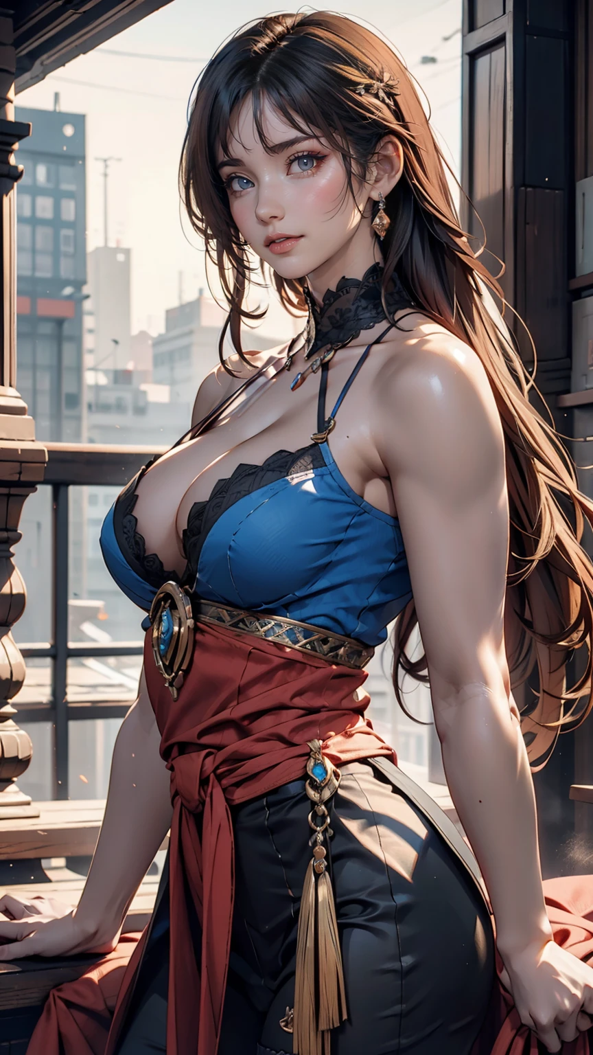 Two women in costumes are standing in a room, Ace Female Mechanic, Static Prometheus Frame, Blue body paint, Cyberpunk decorations, Aztec Empress, Movie details, security guard, Balcony scene, Solarpunk, By Leon Wichowkowski, Sisters, japanese cgi, Empress of Kazakhstan, Character close-up、Sexy proportions、Sexy、erotic、Narrow waist