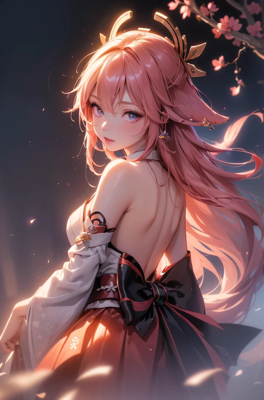 ((yaemikodef)):1.5, ((masterpiece,Highest quality,Highly detailed images,Beautiful images、Dutch Angle)), (In front of the cherry tree、Close-up image of yaemiko、Overall dim lighting、Backlight、Strong backlighting、Fantastic dark atmosphere、Thick Fog、Dust flutters),(Dynamic pose)1.2, sideboob

