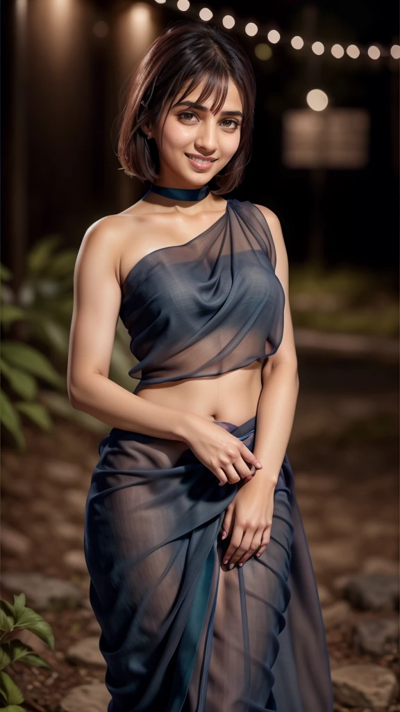 ultrarealistic hires close up photo of a 30-year-old sapa woman, outdoors, realistic skin texture, looking looking at camera, (Chiffon_saree_blouse:1.2), tied up hair, night time, smiling, beautiful bokeh background