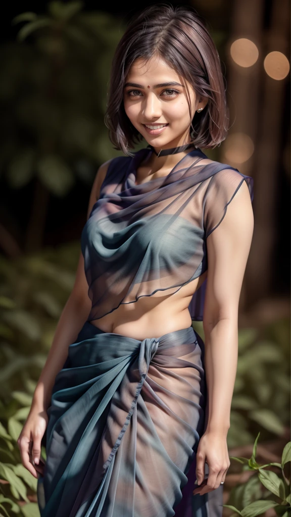 ultrarealistic hires close up photo of a 30-year-old sapa woman, outdoors, realistic skin texture, looking looking at camera, (Chiffon_saree_blouse:1.2), tied up hair, night time, smiling, beautiful bokeh background
