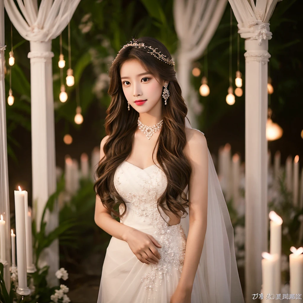 Generate an image of an extraordinarily beautiful 20-year-old Asian woman standing alone, whose beauty rivals that of a goddess of the fire element. She has large brown eyes, dark brown hair, glowing skin, and a captivating appearance. She is wearing a stunning white wedding dress that accentuates her elegance. The woman stands charmingly alone, her beauty appearing as if blessed by nature, in a very romantic and lovely aisle adorned with flowers and soft lighting, exuding a magical and serene atmosphere.