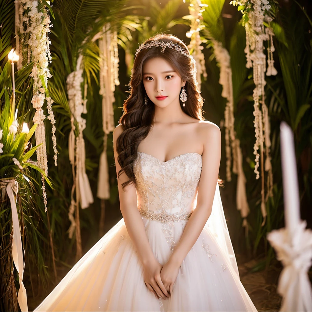Generate an image of an extraordinarily beautiful 20-year-old Asian woman standing alone, whose beauty rivals that of a goddess of the fire element. She has large brown eyes, dark brown hair, glowing skin, and a captivating appearance. She is wearing a stunning white wedding dress that accentuates her elegance. The woman stands charmingly alone, her beauty appearing as if blessed by nature, in a very romantic and lovely aisle adorned with flowers and soft lighting, exuding a magical and serene atmosphere.