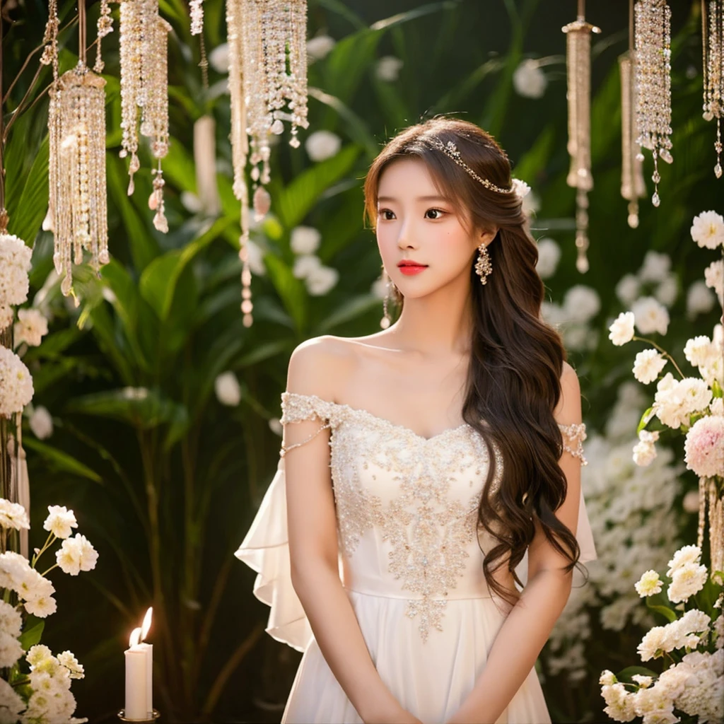 Generate an image of an extraordinarily beautiful 20-year-old Asian woman standing alone, whose beauty rivals that of a goddess of the fire element. She has large brown eyes, dark brown hair, glowing skin, and a captivating appearance. She is wearing a stunning white wedding dress that accentuates her elegance. The woman stands charmingly alone, her beauty appearing as if blessed by nature, in a very romantic and lovely aisle adorned with flowers and soft lighting, exuding a magical and serene atmosphere.