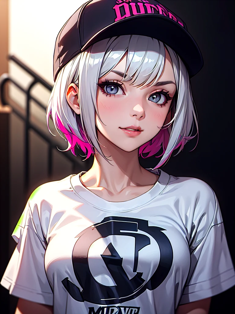 ((Portrait)), She has a Youthful and Relaxed Appearance, with a Build and a Lively Aura. She Expresses a Mischievous and Curious Look, Giving Off a Playful and Dynamic Attitude. She has Light Gray Eyes, Her Hair is Short, Silver with Pink Highlights, and Tousled. She Wears a Casual Streetwear Outfit with a Baseball Cap and a Loose-Fitting T-Shirt. ((Portrait, HDR, Dark Background))