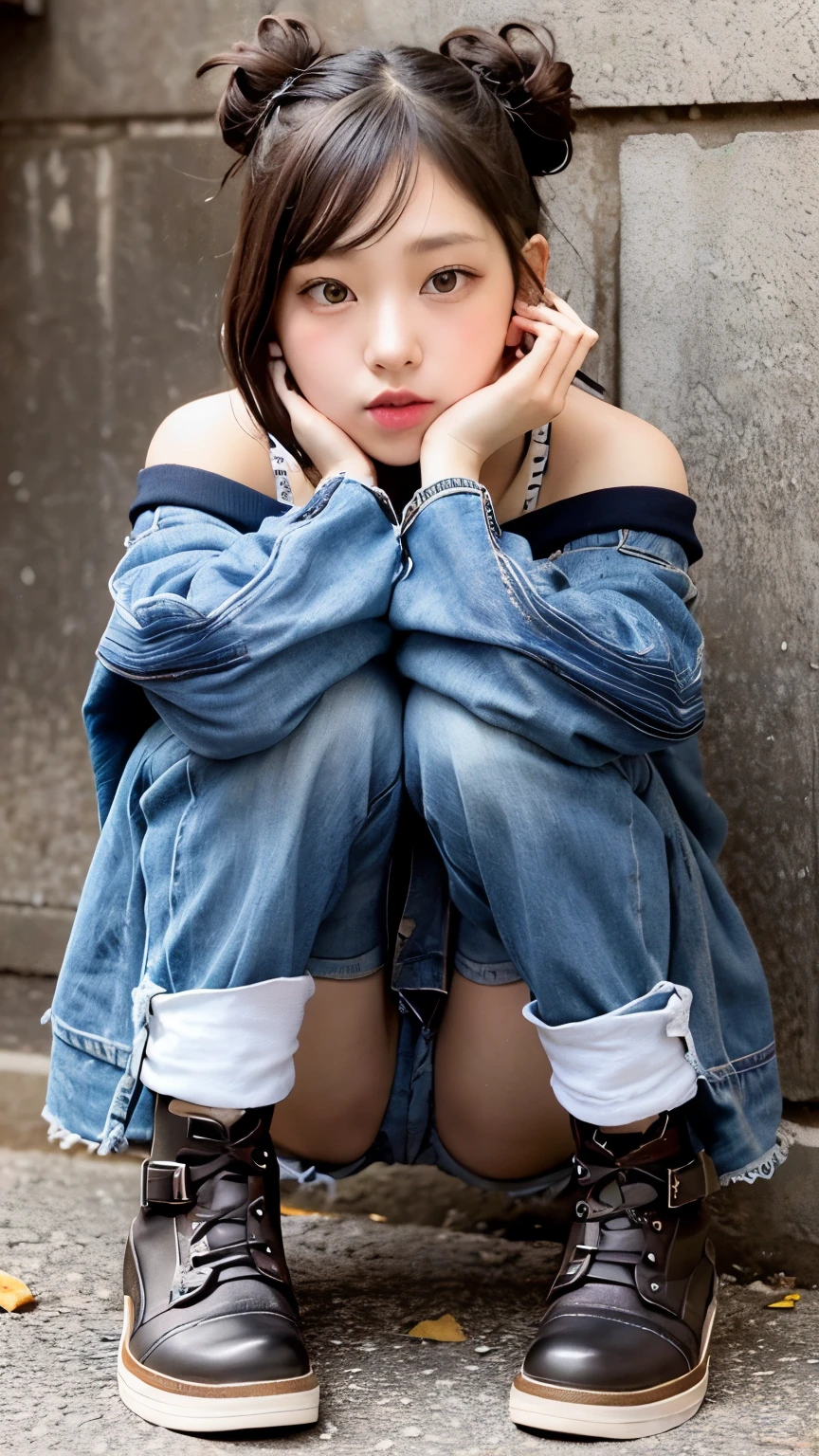 Super detailed、 body、Full body Esbian、Crouching down to show off her crotch:1.2, 20 year old Japanese woman wearing off-the-shoulder gothic ta fashion and Dr. Marten boots:1.2,Sitting crotch、Open your legs to show your panties、Low rise loose denim,White panties showing、Sitting in front of a wall covered in hip hop graffiti、Put a reflector on your face in the shade、Face details