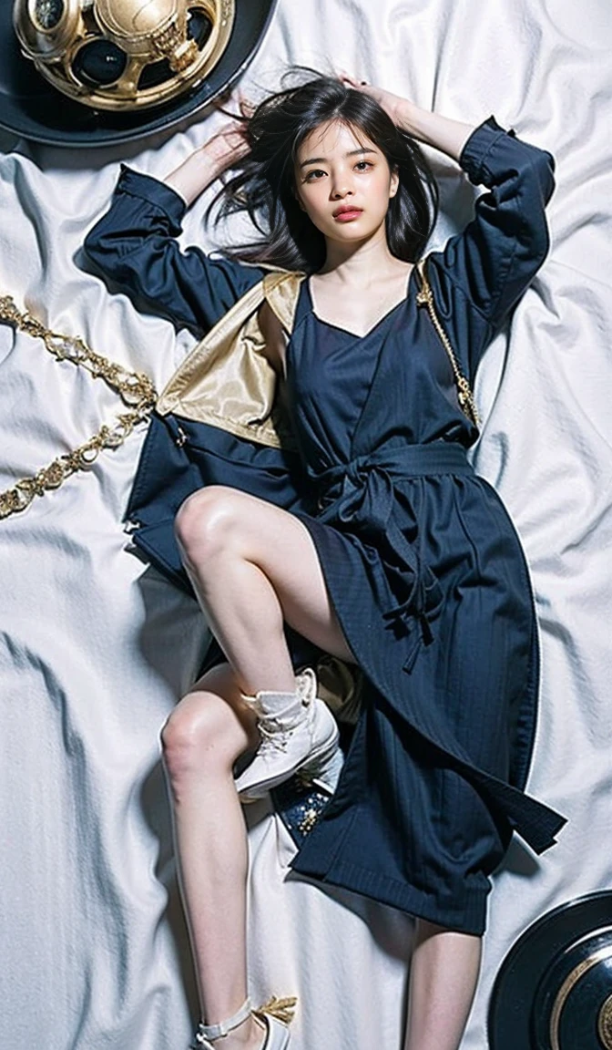 Riu, Realistic, Browsing Caution, (On the bed), (Lying down), From above, Black idol dress