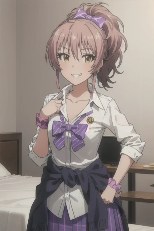 (((pixel-perfect, detail-perfect))), solo, 1girl, mika jougasaki, ponytail, hair bow, collarbone, , striped, bowtie, collared shirt, white shirt, sleeves rolled up, wrist scrunchie, clothes around waist, plaid skirt, purple skirt, smile, looking at viewer, bedroom, grin