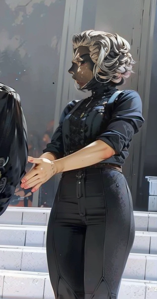 anime - style woman in black and white outfit leaning against a wall, photograph of a techwear woman, thicc, wearing techwear and armor, loba andrade from apex legends, anya from spy x family, as overwatch character, thick body, wearing cyberpunk 2 0 7 7 jacket, thick smooth warframe thighs, cybertech wear, wearing space techwear