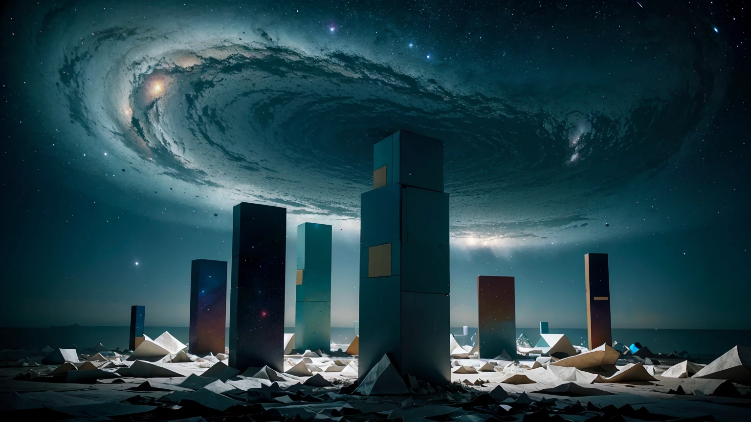 Visualize the same , but now they are stacking the painted sheets into a tall, orderly pile. Each sheet in the stack shows a moment in time, creating a towering block that represents the history of the universe. The background should transition from the child’s room to a more abstract, cosmic environment with swirling galaxies and stars. Style: Semi-realistic with surreal elements, blending the mundane with the cosmic.