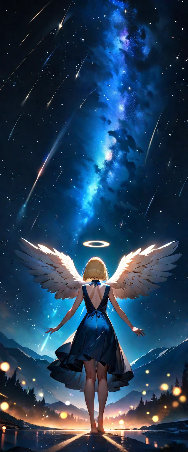 (((A meteor shower dancing in the night sky, countless stars twinkling in the clear air, a beautiful starry sky, the Milky Way shining beautifully in the night))), flying, (((with big angel wings on back))), halo, backless dress, looking up, mountain, wide shot, back shot, a girl, bob cut, bare legs, bare foot, blond hair, (best quality, 4K, 8K, highres, masterpiece:1.2, ultra-detailed, HDR, uhd, studio lighting, ultra-fine painting, sharp focus, physically-based rendering, extreme detail description, professional, vivid colors, bokeh)