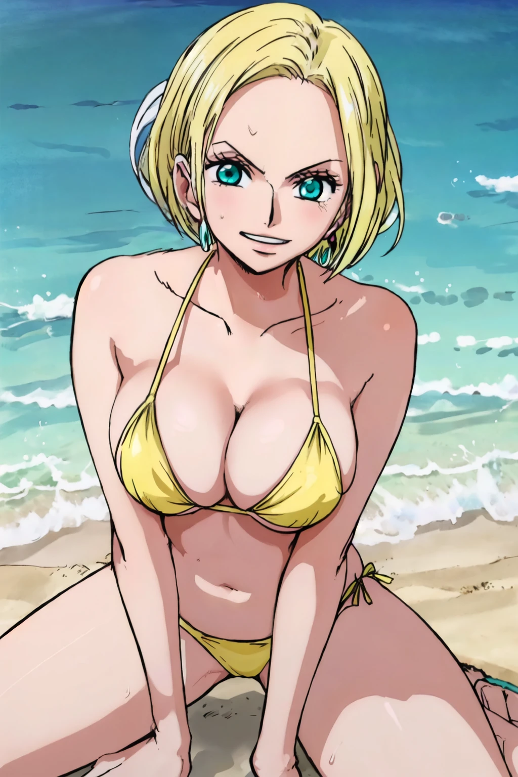 2d anime, woman, Miss Doublefinger from One Piece, blue hair, black bikini, sexy, fair skin, masterpiece, best quality