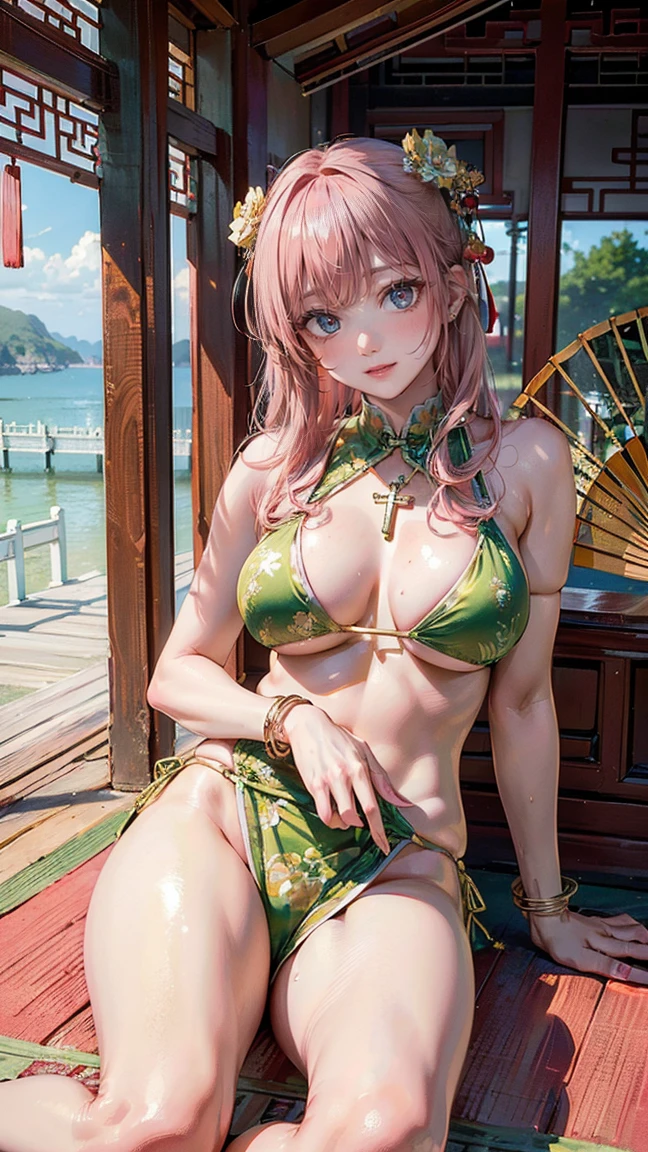 (Masterpiece, BestQuality:1.3), (ultra detailed:1.2), (hyperrealistic:1.3), (RAW photo:1.2), High detail RAW color photo, professional photograph, (Photorealistic:1.4), (realistic:1.4), (Pink Hair:1.5), professional lighting, perfect anatomy, (Big Breasts:1.2), (blush, detailed face), (cheerful Smile:1.5), Trending Hair&Trending Hairカラーをランダムに, earrings, necklace, bracelet, sexly, erotic sexly, Random sexy gravure poses, (Beautiful cosplayer wearing a green Chinese dress-style bikini、Sexy cross-legged pose in a Chinese-style seaside pavilion。Holding a golden fan。:1.3)