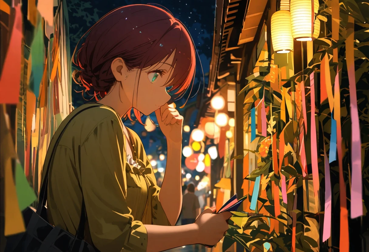 girl, burgundy short hair, lime green eyes, big eyes,droopy eyes,slender body,small breast,  tanabata,bumboo,night,casual clothes,Profile