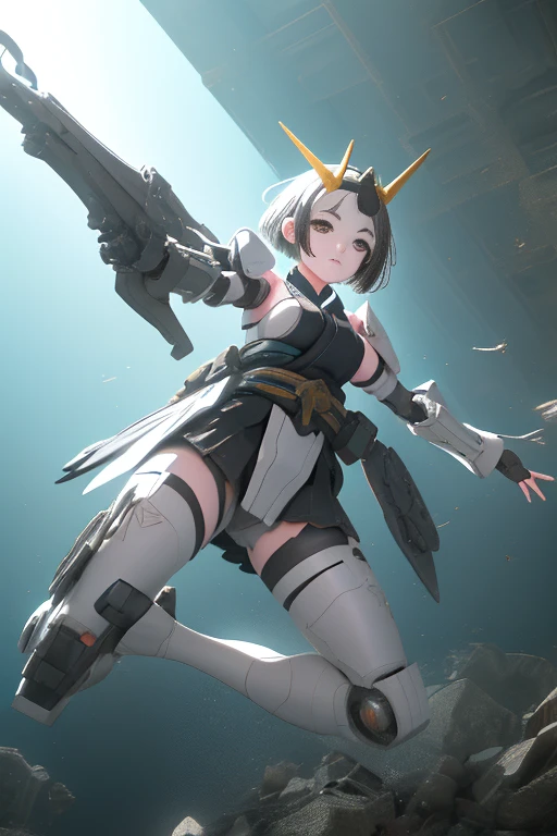 (Highest quality)), ((masterpiece)), (Very detailed: 1.3), 3d, {(Young girl)}, Wearing a white frilly Gothic Lolita outfit, (She is fused with a Gundam mecha from the future.....), With headgear, With V-fin , Armored Shoulders,Armament, Armor at the feet, Multi-layer texture perfect ratio, Octane Rendering, Duotone Lighting, Low ISO, wide aperture, White balance, Three-part method, Ultra HD 16k, High resolution (High Dynamic Range), Ray Tracing, NVIDIA, Super Resolution, Scattered beneath the surface of the water, PBR Texturing, Post-processing, Anisotropic Filtering, Written boundary depth, Maximum clarity and sharpness, Highly efficient subpixels, Subpixel Convolution, Particles of light, Scattered Light, Tyndall effect, whole body:1.5, Combat pose, cute, (cute:1.2), (Bobcut:1.3),Braiding, Black Hair, Thick eyebrows, Pale-colored iris, big, Bright black eyes, Long eyelashes, small, Bright colors, Natural lips, (The average face of a Japanese idol), (日本人特有のBaby Face:1.3), (Baby Face), Wide forehead:1.2, Plump Cheeks, small jaw, Visible side boob, (Has a huge weapon:1.5), fly in the sky、((((Fly high)))),View your viewers,Focus on the eyes , (Four perfect fingers, One thumb),