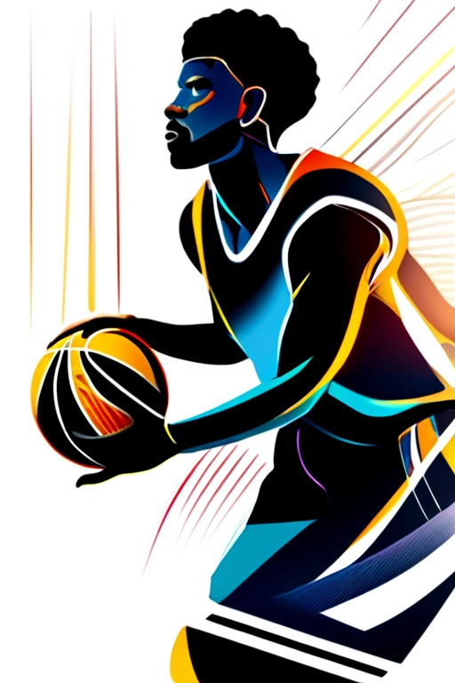The basketball player is moving, with simple lines, smooth lines, luminous lines, black background and abstract style.