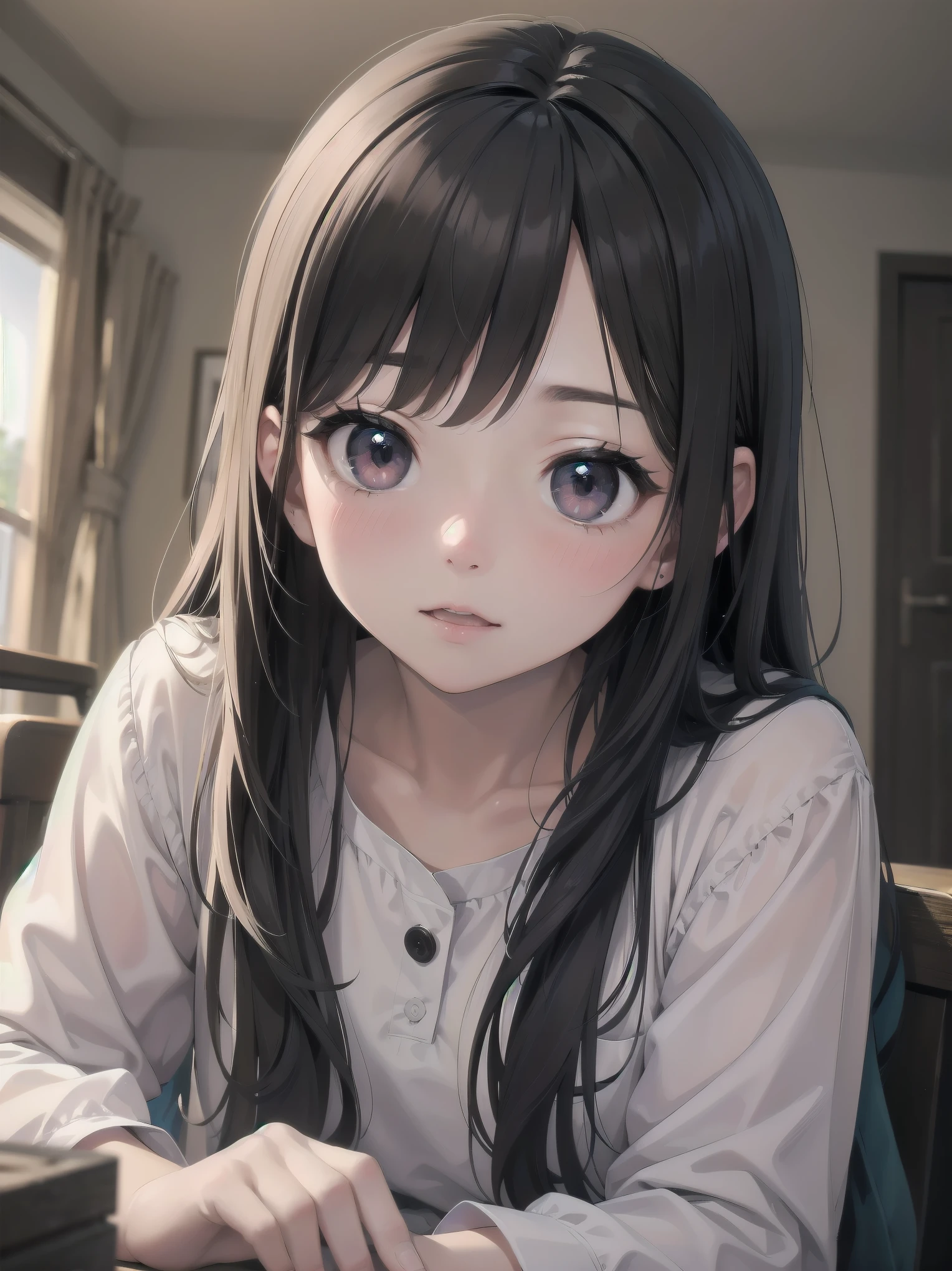 Masterpiece、Cinematic、Highest quality、Super detailed、Detailed clothing、Clear Face、Detailed face、Detailed skin、1人のgirl、14 years old、girl、、、Embarrassing、blush、Looking down、Loose wearing、A dark room、Blackout、Cute Pozu
