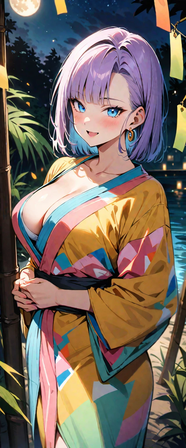 (masterpiece, best quality:1.2), 1girl, (solo), Android 18 from Dragon Ball, ((pastel kimono)), (standing), medium breasts, blunt bangs, short purple hair, (blue eyes), earrings on earlobes, slim, slender feminine figure, skinny body, blush, sky, magnificent view, blur background, 4K, open mouth, river, smile, (own hands together), (Tanabata), night, moon, collarbone, cleavage, outside, a strip of paper, bamboo forest, white bra,