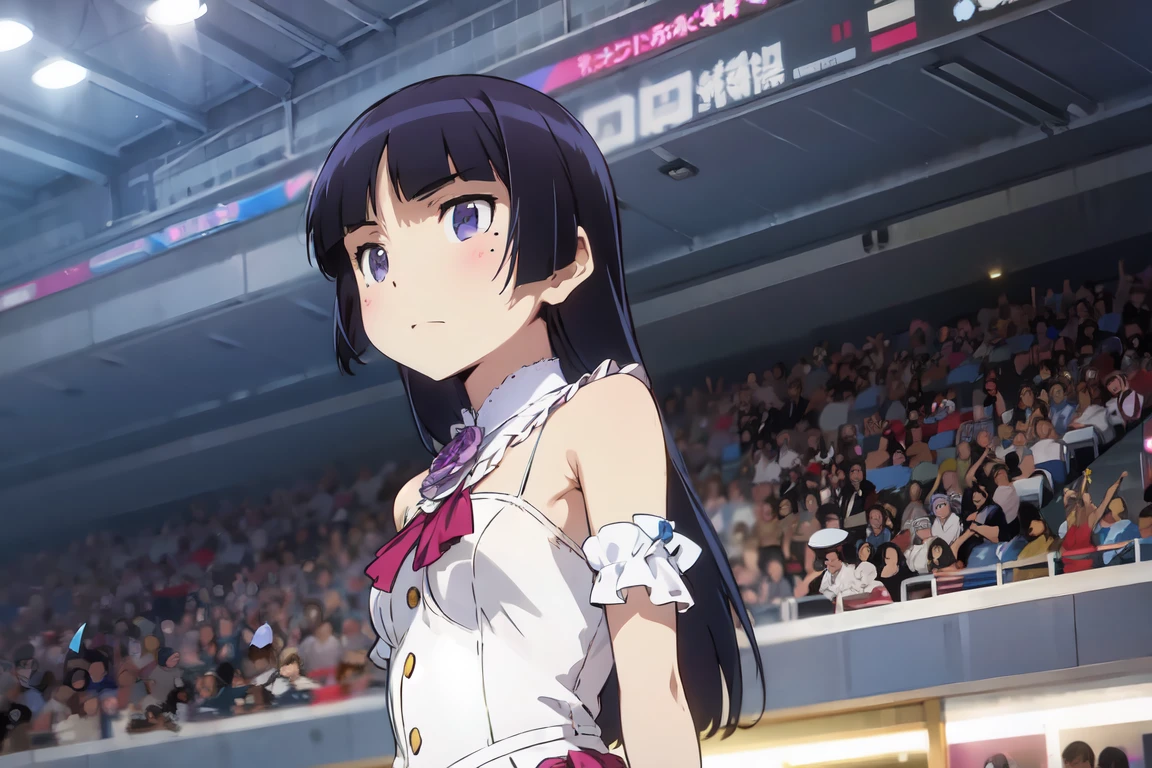 school gymnasium on the stage primary school girl 8 years flat chest black fur wide The eyes are purple. SMILE ((1 person)) Sailor uniform long sleeve white upper body Navy blue underbody mini skirt white panties white socks indoor sports shoes Standing with hands open((I can see white panties)) FROM THE FRONT dynamic angle low angle