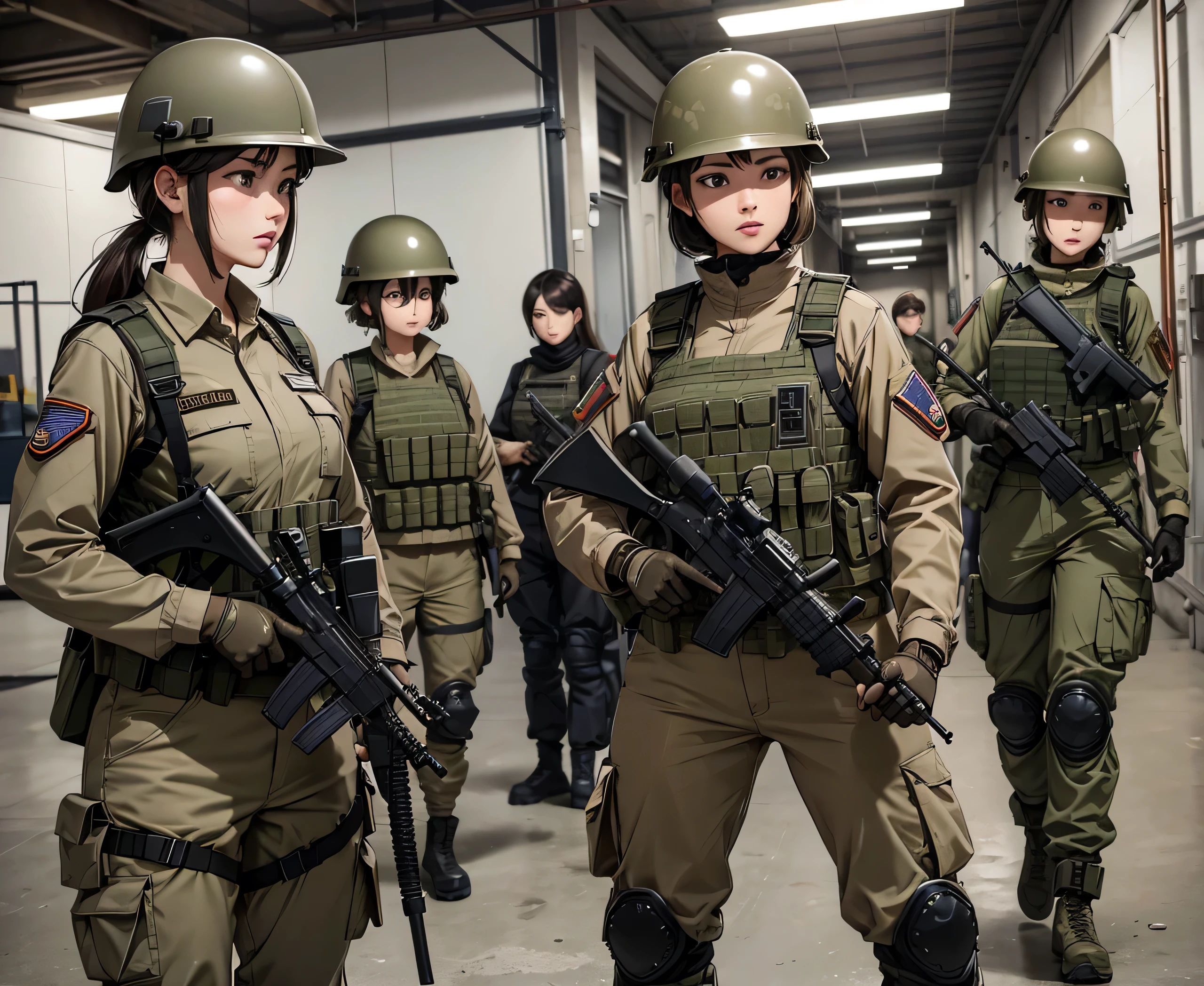 A group of female special forces soldiers in beige military uniforms、Wear a steel helmet、Military Pants、Bulletproof vests、Knee pads、Alert with guns、Indoor Factory、Write details、masterpiece、best quality、Highly detailed CG、8K picture quality