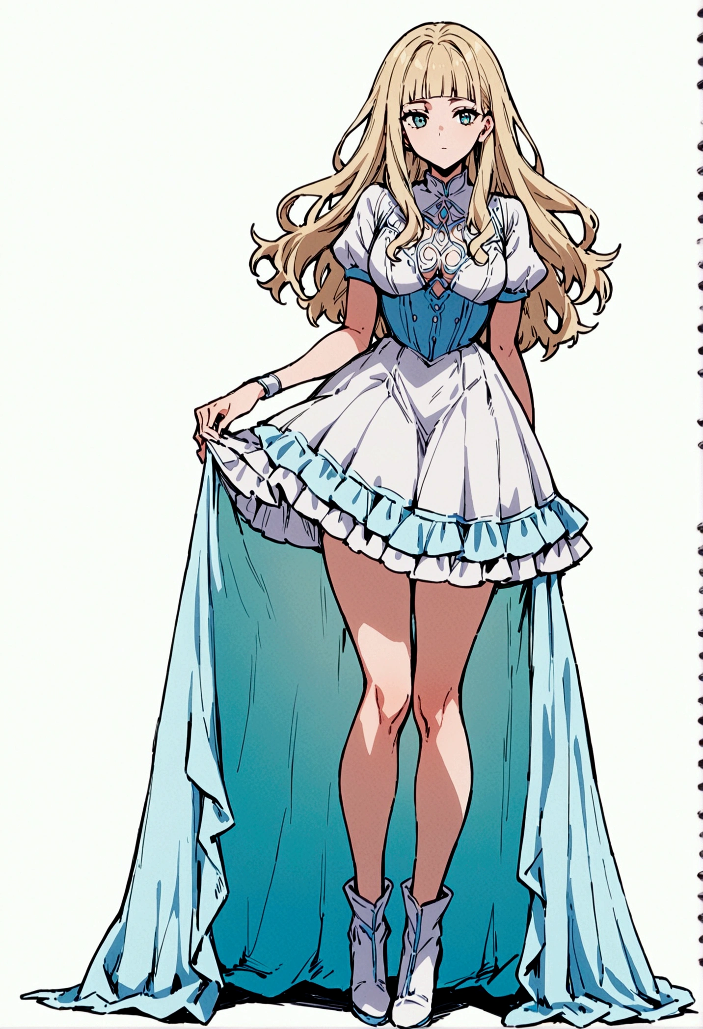 fullbody,masterpiece,standing,adult,1girl,solo,white background,standing straight, curls,blonde long hair,fringe bangs,white boots,light blue knee length frilled dress,flared skirt,short puffy sleeves,
