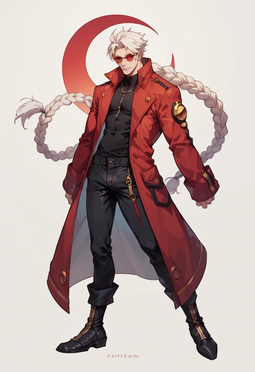 Blazblue ,human Male ,Round red Sunglasses , white hair,long braided ,zip Red Coat , Black shirt ,Full body ,boots , Black Pants , ((Best design Character)) ,Eclipse in the background ,pose