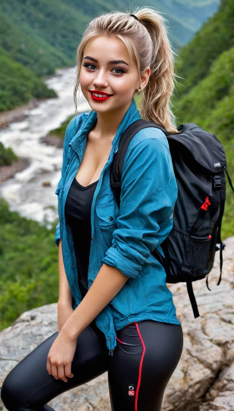 ultrarealistic high quality fullbody photo of a beautiful busty slim european 19-year-old mwoman with cute hyperdetailed shy face and dyed platin blonde long messy ponytail hair and happy face, realistic round hazel eyes, red lips, dark eye makeup with eyeliner, wearing soaking wet outdoor leggins hiking outfit with backpack, hourglass body, outdoor shooting on a gorge with heavy rain