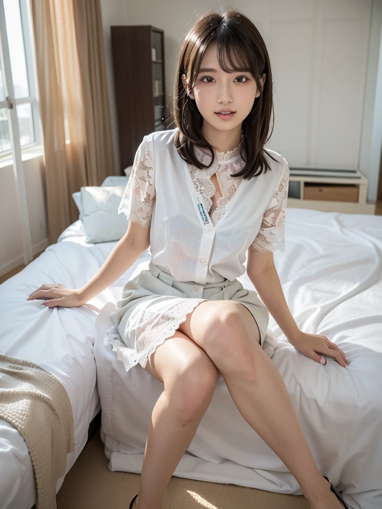 (Highest quality:1.9)、(High resolution)、Live-action image quality、((19 year old female university student、1 person))、Soft lighting by a professional photographer、Natural light、((Very spacious white luxurious room:1.6))、((Bright white room:1.6))、(Standing in front of a very luxurious white bed:1.2)、(White bookshelf background:1.1)、Natural soft light、((Black Hair Color:1.1))、Fair skin、Detailed Eyes、double eyelid、Slightly puffy cheeks、((Small Face:1.0))、((White lace short sleeve shirt、Please wear it with the chest open.:1.7))、((White checked skirt:1.2))、(Cute Smile)、((Girly pose 1.8))、((Straight medium-long hair:1.1))、((Full Body Shot:1.2))、((Height: 145cm))、Hands in front、Hold hands between legs、bangs、
