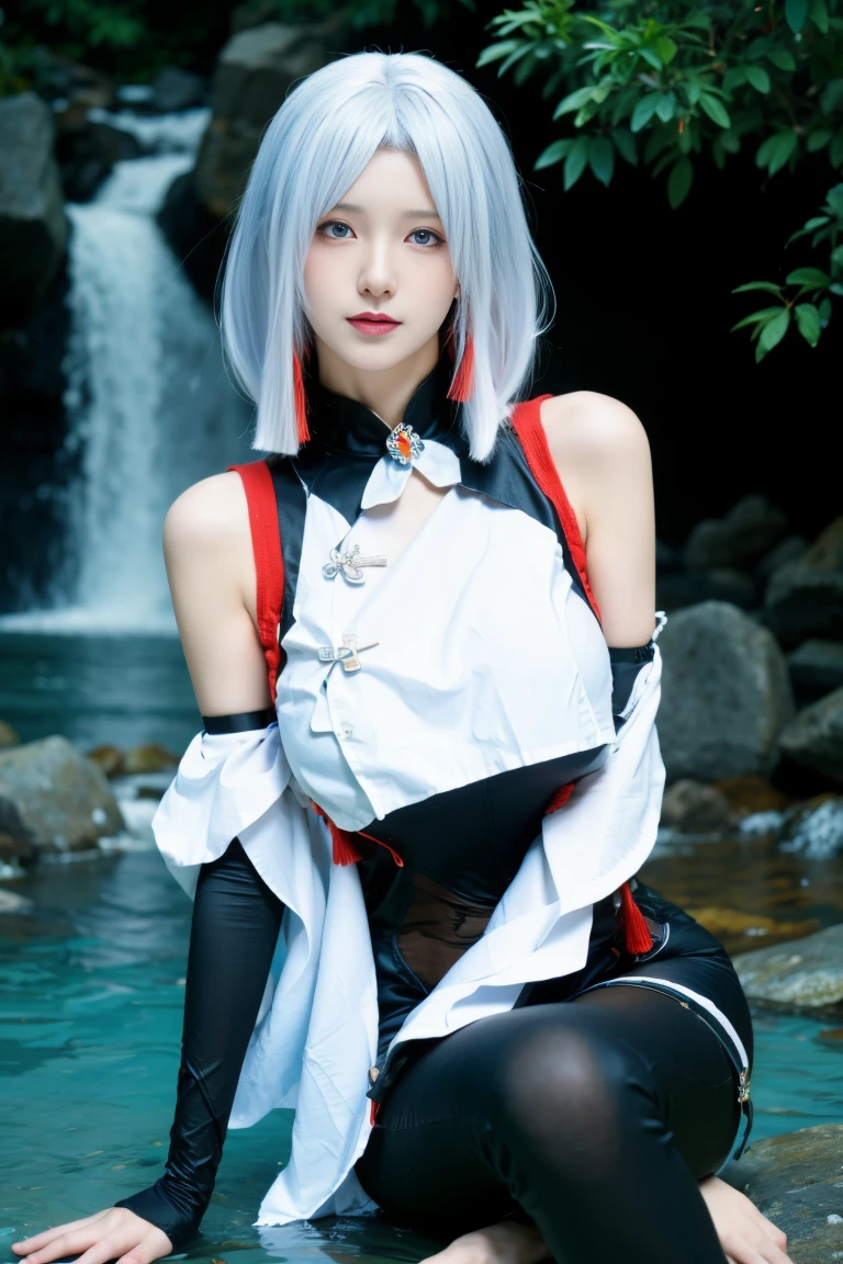 best quality, tmasterpiece,Ultra-high resolution,Clear face,(Reality:1.4),ferpect lighting,(upper body photo), (photorealistic:1.50), anime wallpaper, Guviz style artwork, cover-up fantasy up to magic , by Yang J, Guviz, beautiful artwork illustration, beautiful digital artwork, beautiful digital illustration, Li Song, beautiful anime portrait, art style in Beauvot, 1girl,独奏,pale skin,perfect body,glossy skin,hitman,shenhe \(genshin impact\),(hair above one eye),long hair,tassel,gloves,breast curtain,(black bodysuit),bodysuit,earrings tassel, (super giant breasts: 1.3), white hair, (hair decoration), A very beautiful girl happily bathes near a clear and cool waterfall, River, Water, In the water, (Sitting underwater), wet body, (Water soaks the body), Body underwater, Under water, drowning,