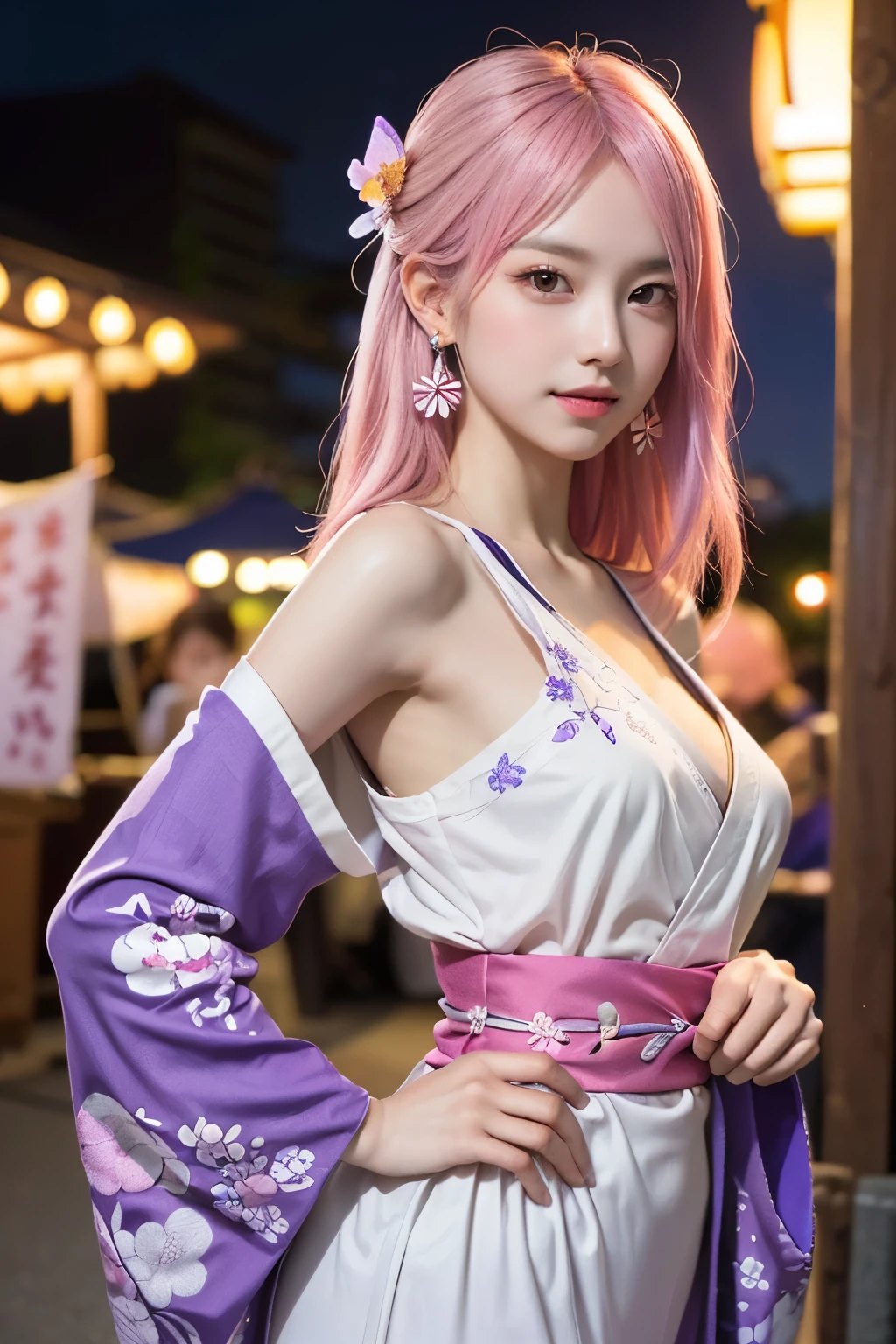 Earrings, masterpiece, Pink Hair, Large Breasts, Blushing, tooth, Aperture value F1.8, whole body、gravure pose、Open your mouth, Standing pose、whole body見して、yukata、Realistic、超Realistic、Make the skin more realistic、Textured skin, night、Japanese festival yukata date、Crinkled smile、A lot of people、Lots of food stalls
