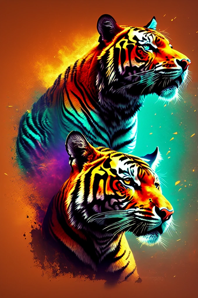 tiger t-shirt designs, 3D t-shirt art, cyber punk, epic illustration, realisitic, 3d illustration, black backdrop, very colorful, modern colors full gradients, focused, from front view