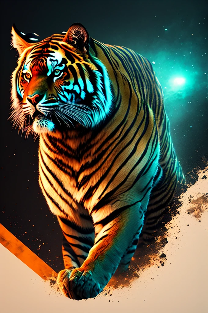 tiger t-shirt designs, 3D t-shirt art, cyber punk, epic illustration, realisitic, 3d illustration, black backdrop, very colorful, modern colors full gradients, focused, from front view