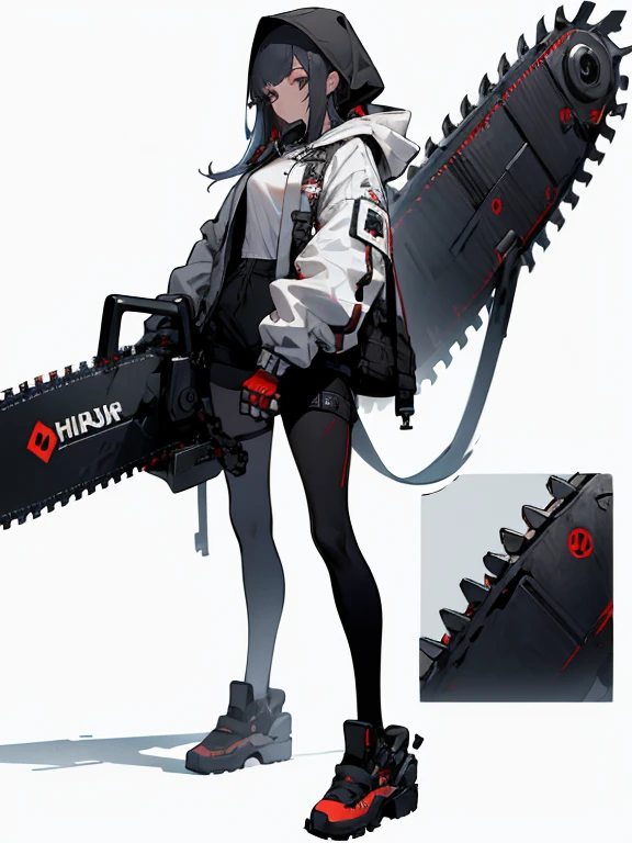 absurdres, highres, ultra detailed,
1girl,oversized hooded jacket,full body,
holding mechanical chainsaw,