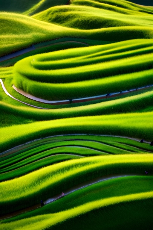 the woman in hanfu in the long green grass is swimming, in the style of marcin sobas, Waves undulating lines, The wind blows the grass and the movement is blurred.，ed freeman, national geographic photo, konica big mini, fan ho, organic patterns --chaos 20 