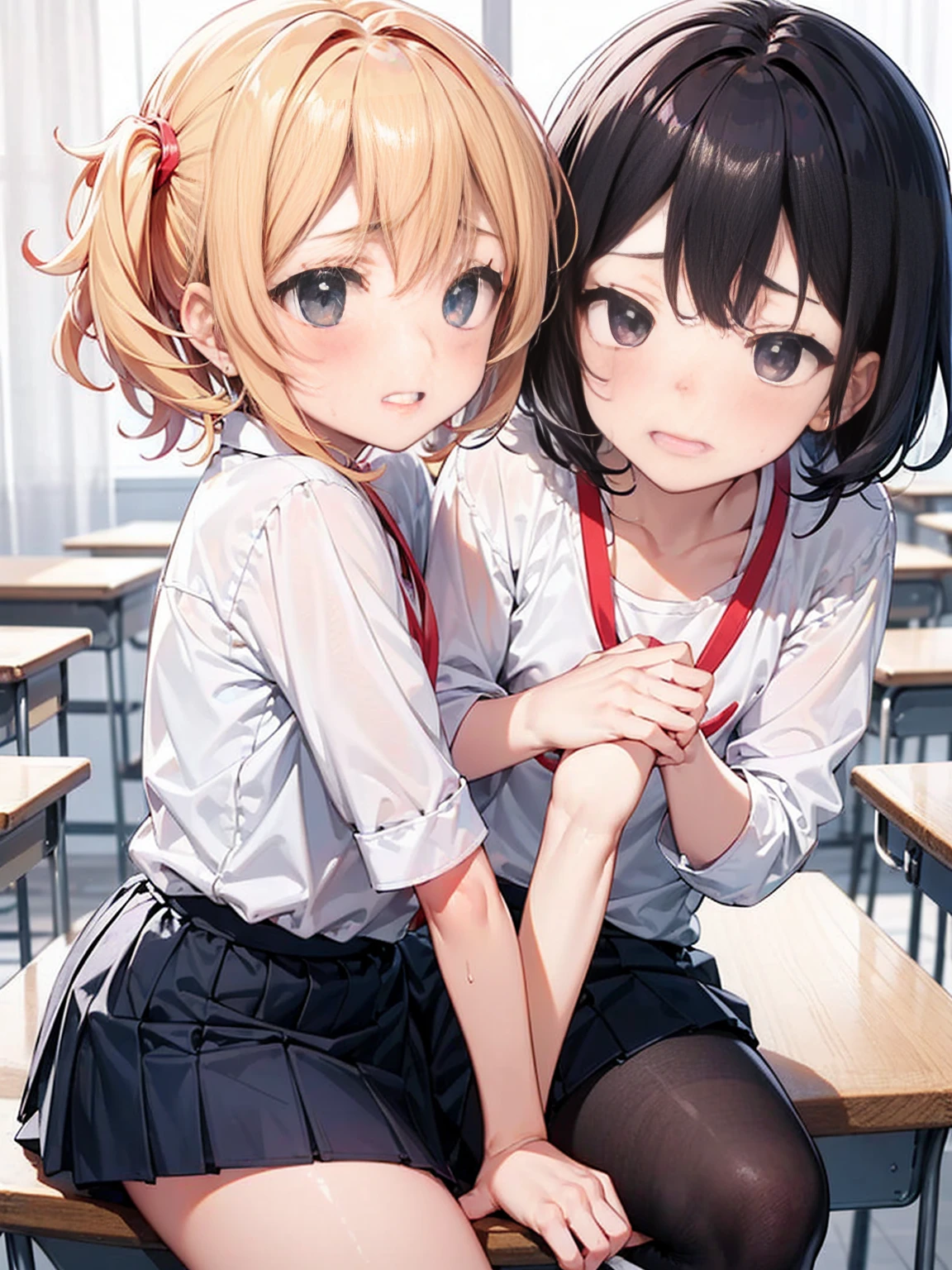 Highest quality,Highest quality,一人のboy,Multiple Girls,((((10 years old)))), Surrounded by girls,Flat Chest,orgasm,blush, Sweat, Sakurai Momoka,blonde,White Sarah Outfit,Navy Blue Skirt, Not a long pleated skirt,whole body,night classroom, Grey pantyhose、Navy Blue Skirtをめくる、Spread your legs,Blowjob, boy, Being bullied by a girl