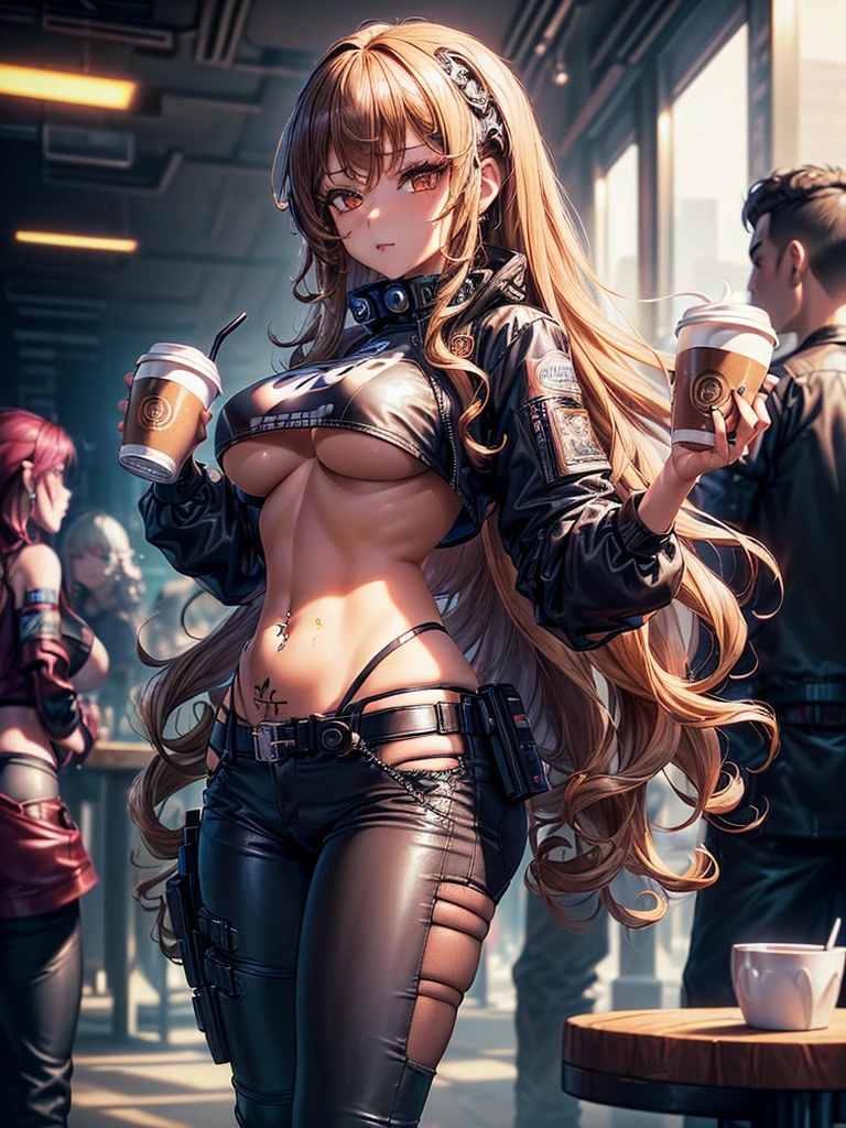 (masterpiece, detailed shadow's, detailed background, detailed background, best quality, expressive eyes, perfect face), (((gyaru, drinking coffee)), (( long curly hair, underboobs)), (wearing techwear clothes, tech wear fashion, techwear trouser, cyberpunk), ((pierced belly Button)), little tan, ((in crowded cafe)), drinking coffee, 