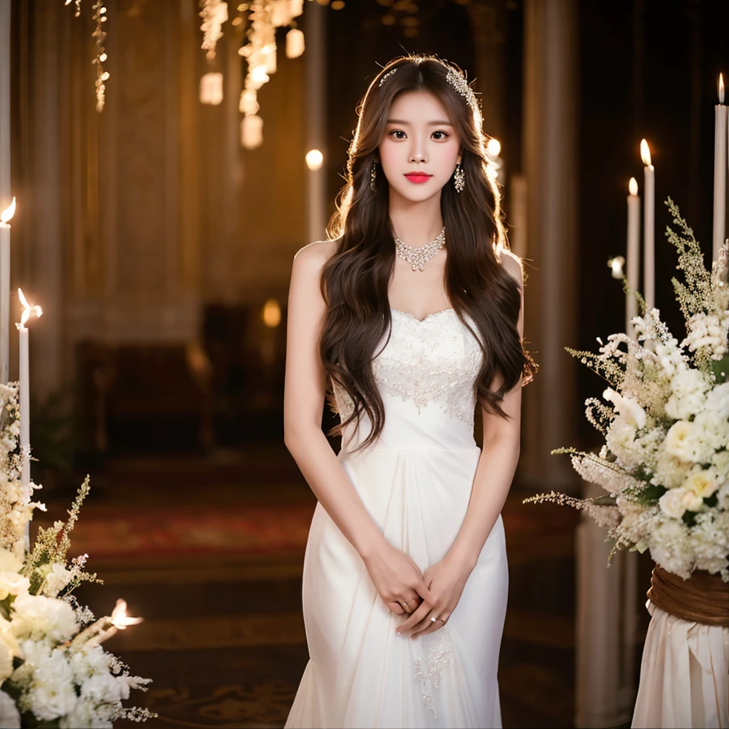 Generate an image of an extraordinarily beautiful 20-year-old Asian woman standing alone, whose beauty rivals that of a goddess of the fire element. She has large brown eyes, dark brown hair, glowing skin, and a captivating appearance. She is wearing a stunning white wedding dress that accentuates her elegance. The woman stands charmingly alone, her beauty appearing as if blessed by nature, in a very romantic and lovely aisle adorned with flowers and soft lighting, exuding a magical and serene atmosphere.