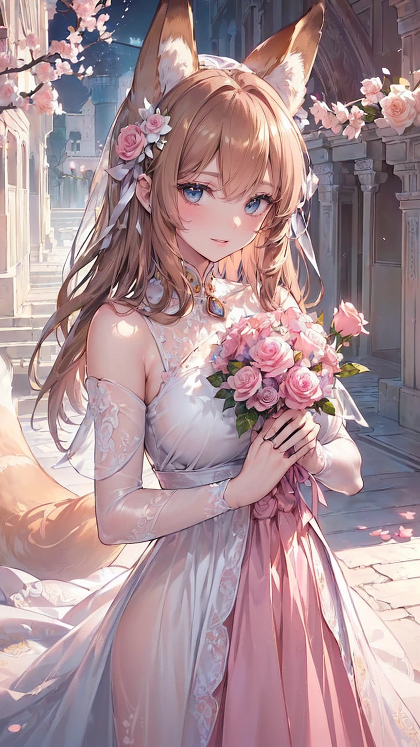 (((Masterpiece))), (((Highest quality))), ((very detailed)), ((Very detailed illustrations)), ((Very detailed drawings)), (วอลล์เปเปอร์Highest quality 16K:1.4), (upper body:1.4), (Highly detailed and delicate illustration format:1.8), Fine texture, Fine fabric, Texture of fine roses, Fine wood texture, Very detailed explanation, (T-Masterpiece), (Highly detailed face:1.4), manuscript, raw image, professional, complicated details, Awesome details, Direct light:1.6, (perfect anatomy:1.4), (Highly detailed hands:1.2), (highly detailed fingers:1.2), (ปลายhighly detailed fingers:1.2), (27 years old), TRUE, (alone:1.6), ((A very beautiful and attractive fox fashion model who is the messenger of God and a young woman in the holy shrine, according to tradition.:1.4)) brakes (Beautiful and cute fox ears:1.6), (Highly detailed and delicate fox ears:1.4), (big breastsสวยงามและมีรูปร่างดี:1.2), (Beautiful buttocks and good shape), (Beautiful shiny golden brown hair:1.6), (Fine and delicate golden brown hair:1.4), (Beautiful transparent blue eyes that shine with great detail.:1.6), (Blue eyes with high detail and delicate:1.2), (Highly detailed face:1.4), (smile:1.4), (look at viewer:1.4), (stand:1.4), (celebration:1.4) brakes ((A beautiful and elegant princess dress that is detailed and delicate to wear on a festive occasion:1.4)) brakes ((In both hands, hold a large bouquet of flowers with high and delicate details. ((White and pink roses)):1.3)) brakes (Afternoon only.:1.4), (celebration:1.4), ((ดอกกุหลาบสีขาวที่มีรายละเอียดสูงและละเอียดอ่อนและพื้นหลังสวนดอกกุหลาบpink:1.4)), (High detail and delicate palace courtyard background in the spring afternoon:1.4) brakes ,big breasts,Show your breasts,The cracks are clear...,((big tits)),(pubic bone), rift, visible chest, Show your breastsของคุณ, open chest,((bare breast:1.37)), I see bulging nipples.,(((large areolae:1.4,pink,The nipples are clearly visible.....))),