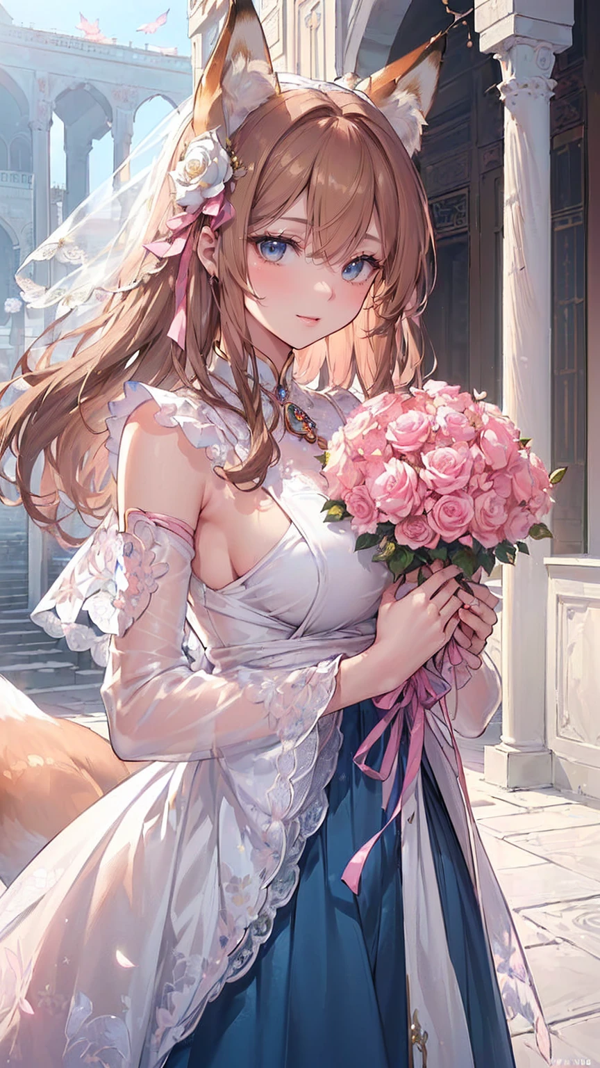 (((Masterpiece))), (((Highest quality))), ((very detailed)), ((Very detailed illustrations)), ((Very detailed drawings)), (วอลล์เปเปอร์Highest quality 16K:1.4), (upper body:1.4), (Highly detailed and delicate illustration format:1.8), Fine texture, Fine fabric, Texture of fine roses, Fine wood texture, Very detailed explanation, (T-Masterpiece), (Highly detailed face:1.4), manuscript, raw image, professional, complicated details, Awesome details, Direct light:1.6, (perfect anatomy:1.4), (Highly detailed hands:1.2), (highly detailed fingers:1.2), (ปลายhighly detailed fingers:1.2), (27 years old), TRUE, (alone:1.6), ((A very beautiful and attractive fox fashion model who is the messenger of God and a young woman in the holy shrine, according to tradition.:1.4)) brakes (Beautiful and cute fox ears:1.6), (Highly detailed and delicate fox ears:1.4), (big breastsสวยงามและมีรูปร่างดี:1.2), (Beautiful buttocks and good shape), (Beautiful shiny golden brown hair:1.6), (Fine and delicate golden brown hair:1.4), (Beautiful transparent blue eyes that shine with great detail.:1.6), (Blue eyes with high detail and delicate:1.2), (Highly detailed face:1.4), (smile:1.4), (look at viewer:1.4), (stand:1.4), (celebration:1.4) brakes ((A beautiful and elegant princess dress that is detailed and delicate to wear on a festive occasion:1.4)) brakes ((In both hands, hold a large bouquet of flowers with high and delicate details. ((White and pink roses)):1.3)) brakes (Afternoon only.:1.4), (celebration:1.4), ((ดอกกุหลาบสีขาวที่มีรายละเอียดสูงและละเอียดอ่อนและพื้นหลังสวนดอกกุหลาบpink:1.4)), (High detail and delicate palace courtyard background in the spring afternoon:1.4) brakes ,big breasts,Show your breasts,The cracks are clear...,((big tits)),(pubic bone), rift, visible chest, Show your breastsของคุณ, open chest,((bare breast:1.37)), I see bulging nipples.,(((large areolae:1.4,pink,The nipples are clearly visible.....))),