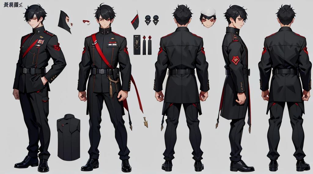 Character design sheet、boy、Smart black military uniform、Short Hair、Detailed face、Red Eyes